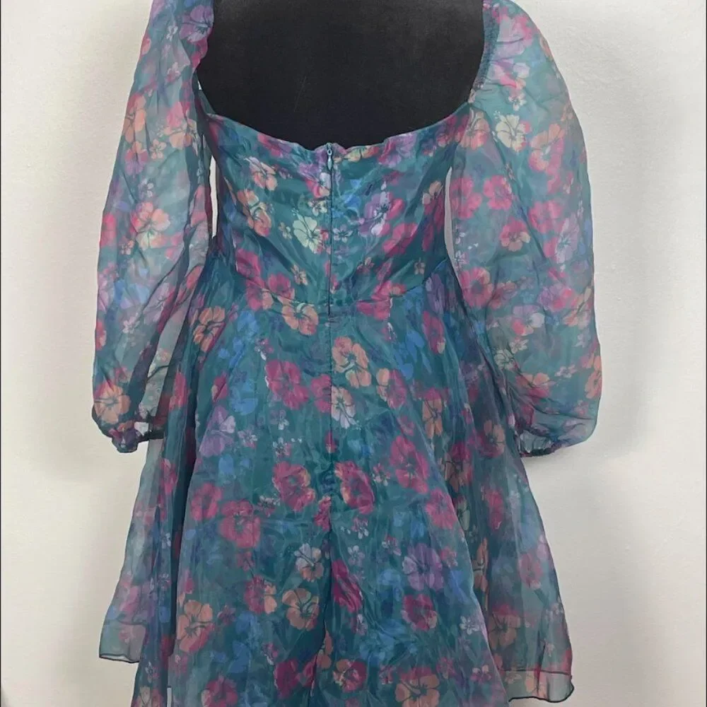 Selkie-Inspired Floral Organza Dress with Puff Sleeves - Picture 2 of 5